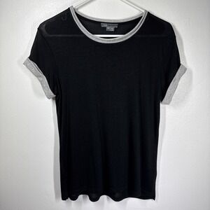 Vince Women Black Semi Sheer Short Sleeve Shirt Raw Hem Quiet Elegance XS